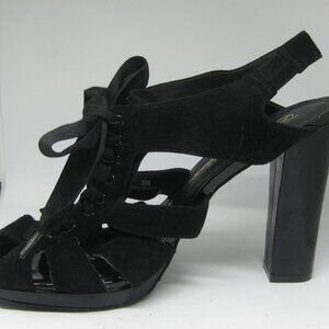 Beverly Feldman Lace-up, Peep toe caged heels, black, size 10M